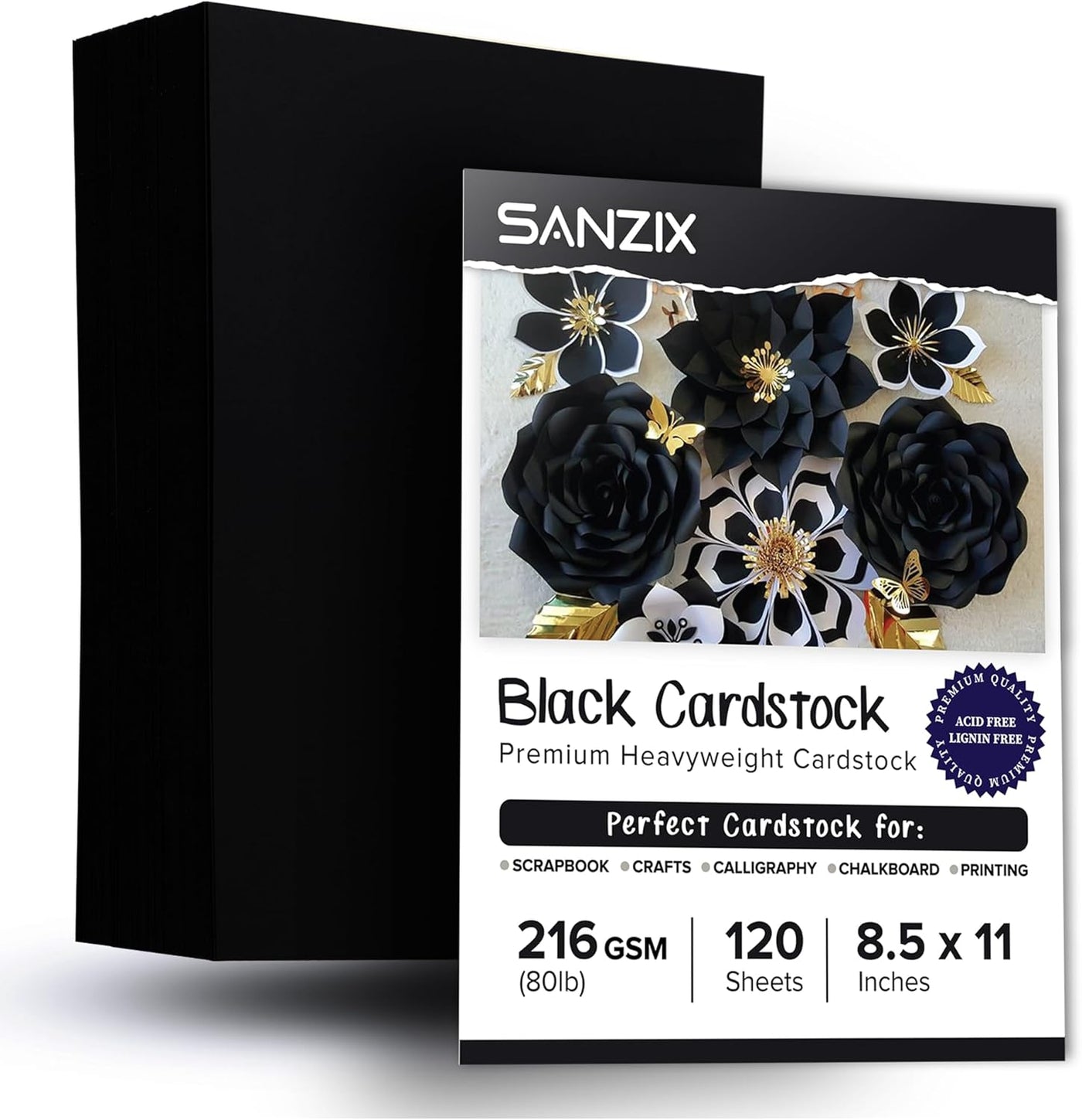 SANZIX 120 Sheets Black Cardstock 8.5 x 11 80lb/216 GSM Cover Card Stock for Invitations, Drawing, Menus, Decorations, DIY Cards, Scrapbook, Calligraphy & Crafts | Heavyweight Printer Paper
