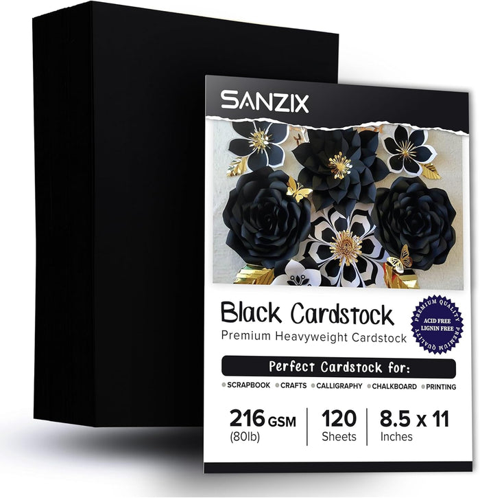 SANZIX 120 Sheets Black Cardstock 8.5 x 11 80lb/216 GSM Cover Card Stock for Invitations, Drawing, Menus, Decorations, DIY Cards, Scrapbook, Calligraphy & Crafts | Heavyweight Printer Paper