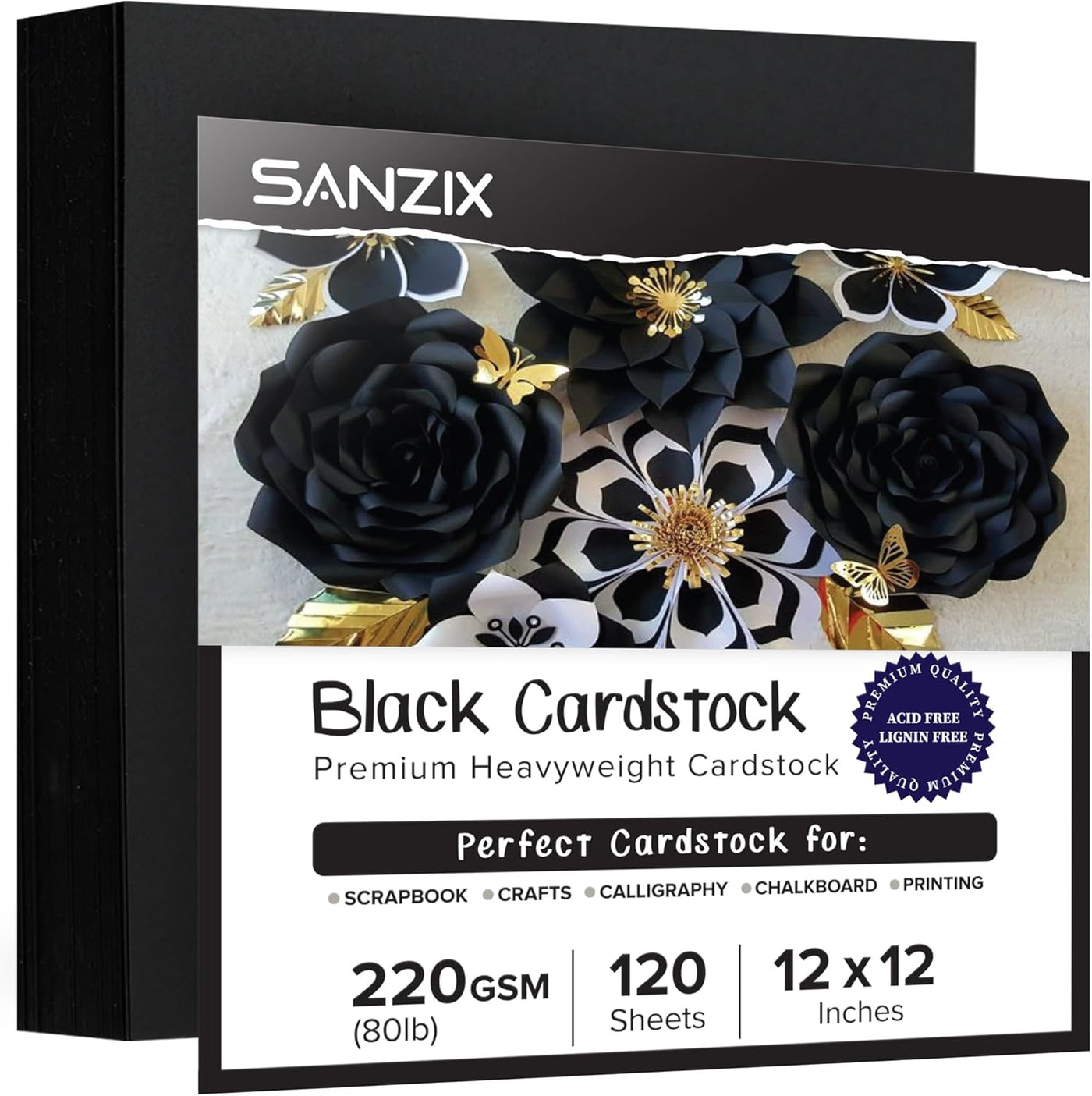 SANZIX 120 Sheets Black Cardstock 12x12 - Heavyweight 80 Lbs 220 GSM Black 12x12 Cardstock for Crafts | Laser & Inkjet Printer Compatible, Perfect for Halloween Decorations, Scrapbooking, Invitations