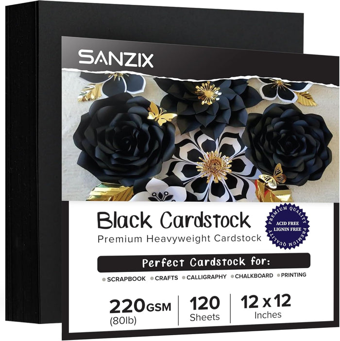 SANZIX 120 Sheets Black Cardstock 12x12 - Heavyweight 80 Lbs 220 GSM Black 12x12 Cardstock for Crafts | Laser & Inkjet Printer Compatible, Perfect for Halloween Decorations, Scrapbooking, Invitations