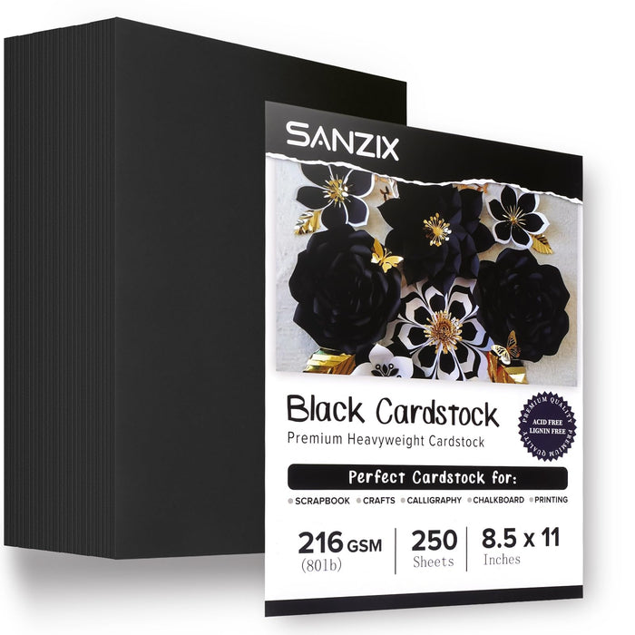 SANZIX 250 Sheets Black Cardstock 8.5 x 11-80lb 216 GSM Thick Printer Paper for Invitations, Business Cards, Menus, Crafts, Halloween Party Decorations, DIY Cards, Scrapbook, Calligraphy & More