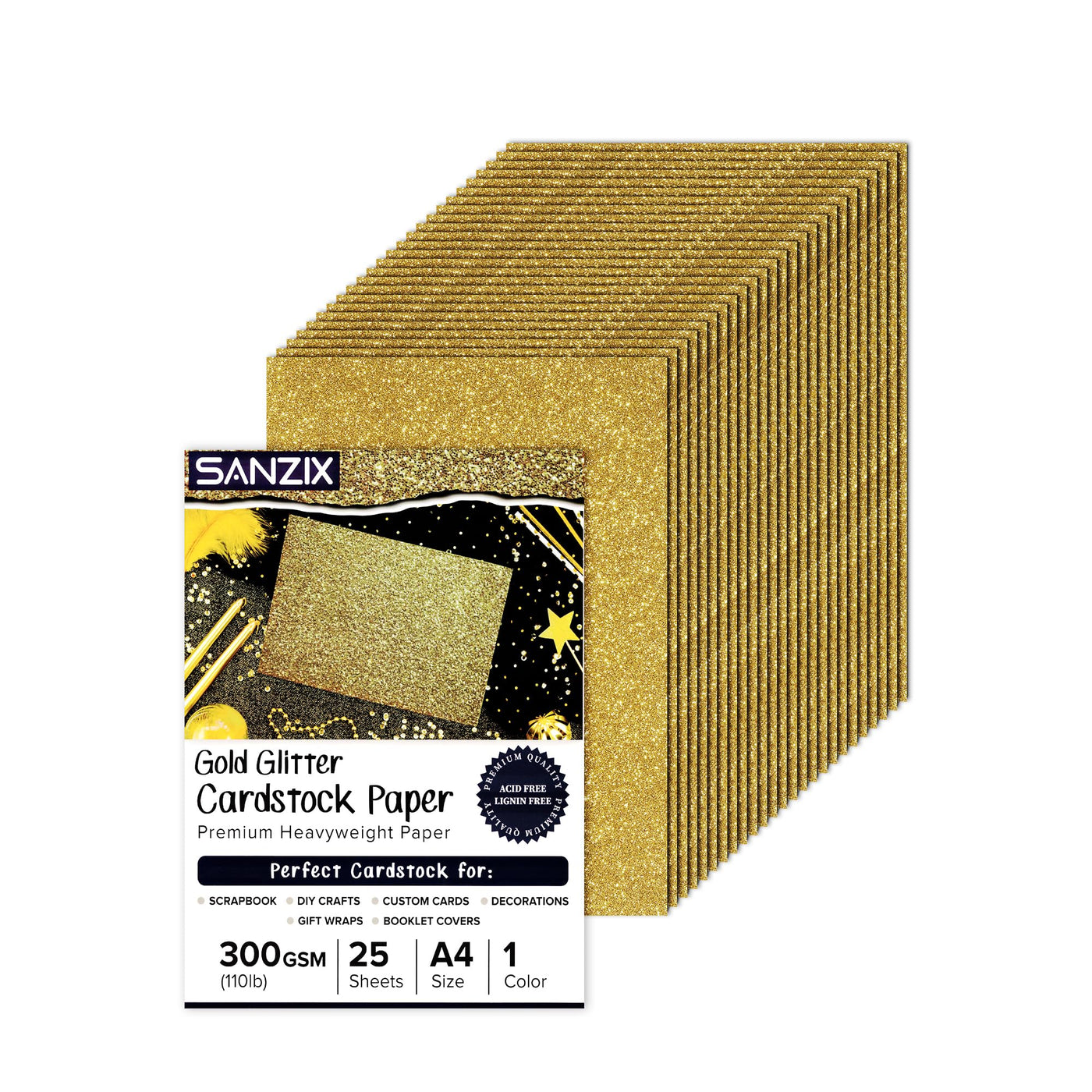 SANZIX 25 Sheets Gold Glitter Cardstock Paper - 8.2"x11.7", 110lb 300 GSM, Heavyweight Sparkly Gold Glitter Paper Cardstock for Cricut, Scrapbook, DIY Crafts, Christmas, Decorations, Cards, Gift Box