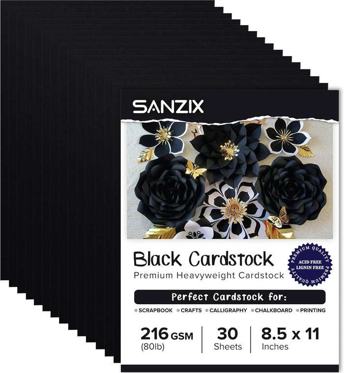 SANZIX 30 Sheets Black Cardstock Paper 8.5 x 11 80lb/216 GSM Heavyweight Printer Paper for DIY Cards, Scrapbook, Calligraphy | Card Stock for Drawing, Invitations, Menus & Halloween Decorations
