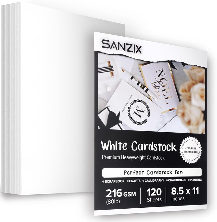 SANZIX 120 Sheets White Cardstock Paper 8.5 x 11-80lb 216 GSM Thick White Card Stock for Invitations, Menus, Scrapbooking, DIY Cards & Halloween Party Decorations | Cardstock for Printers & Crafts