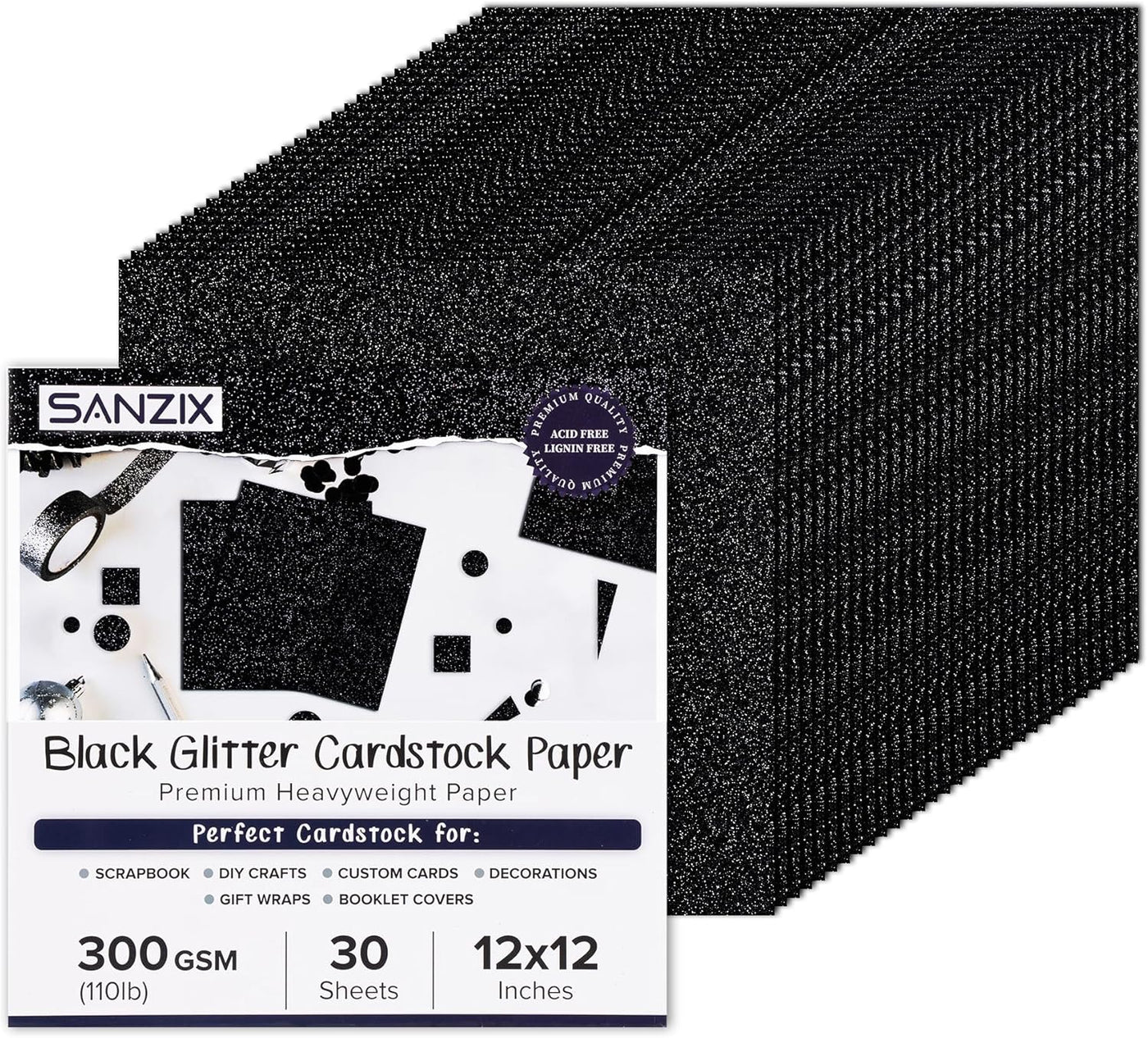 SANZIX 30 Sheets Black Glitter Cardstock Paper 12x12"- 110lb 300 GSM Premium Glitter Sparkle Paper for Cricut, Halloween Decorations, Christmas Cards, Scrapbook DIY Crafts, Decor, Gifts & Custom Cards