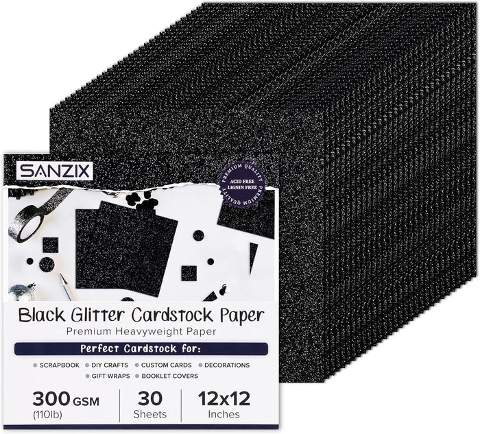SANZIX 30 Sheets Black Glitter Cardstock Paper 12x12"- 110lb 300 GSM Premium Glitter Sparkle Paper for Cricut, Halloween Decorations, Christmas Cards, Scrapbook DIY Crafts, Decor, Gifts & Custom Cards