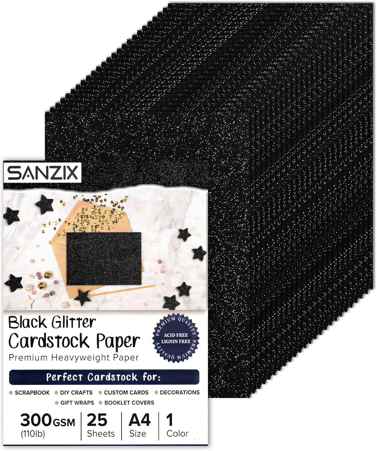 SANZIX 25 Sheets Black Glitter Cardstock Paper- 8.2"x11.7", 110lb 300 GSM, Heavyweight Sparkly Black Glitter Card Stock for Scrapbook, DIY Crafts, Christmas, Halloween Decorations & School Supplies