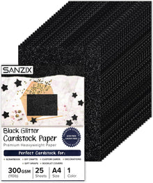 SANZIX 25 Sheets Black Glitter Cardstock Paper- 8.2"x11.7", 110lb 300 GSM, Heavyweight Sparkly Black Glitter Card Stock for Scrapbook, DIY Crafts, Christmas, Halloween Decorations & School Supplies