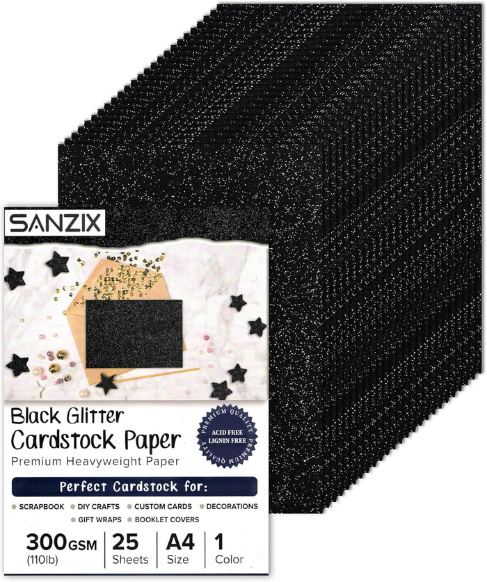 SANZIX 25 Sheets Black Glitter Cardstock Paper- 8.2"x11.7", 110lb 300 GSM, Heavyweight Sparkly Black Glitter Card Stock for Scrapbook, DIY Crafts, Christmas, Halloween Decorations & School Supplies
