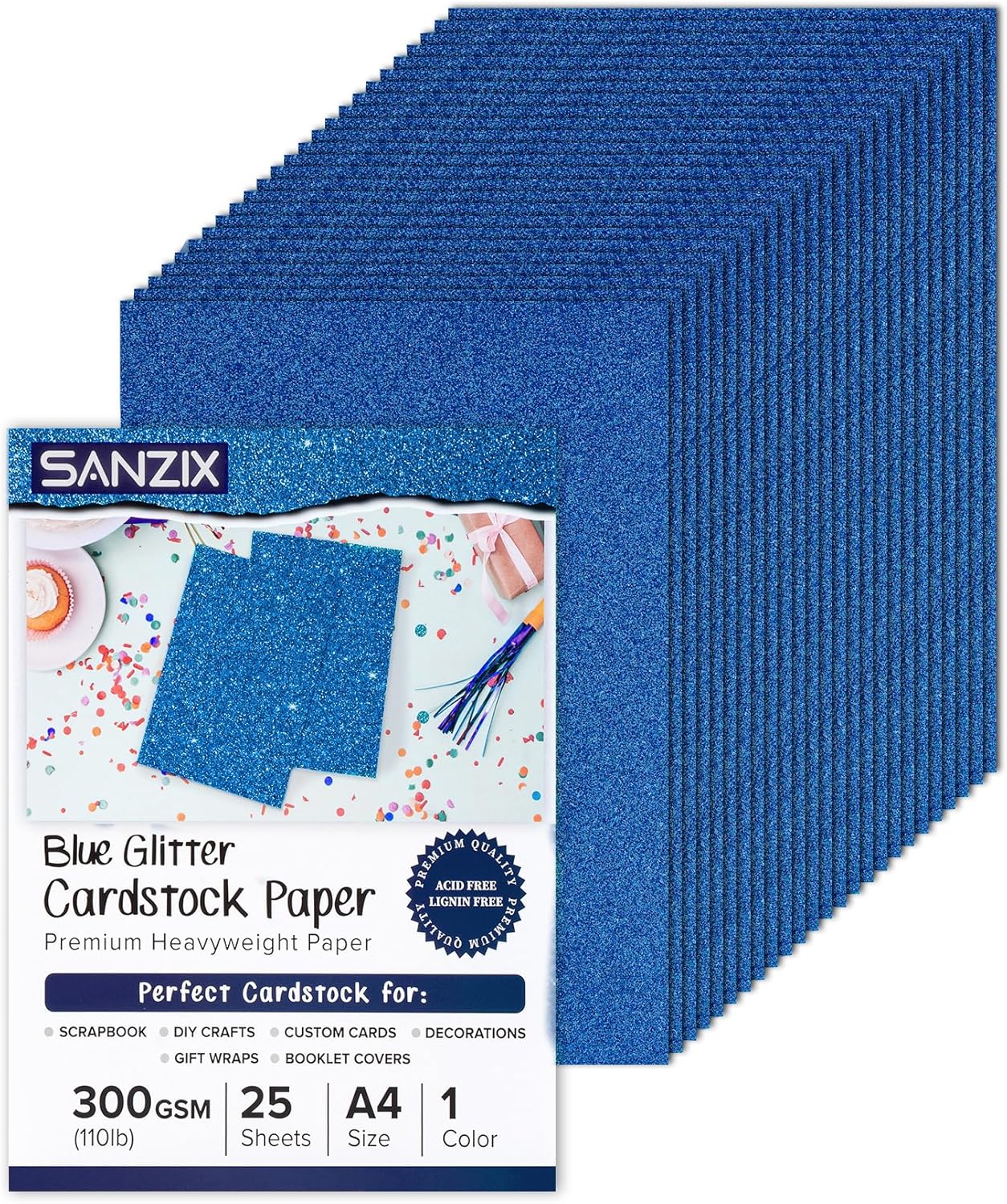 SANZIX 25 Sheets Blue Glitter Cardstock Paper- 8.2"x11.7", 110lb 300 GSM, Heavyweight Sparkling Glitter Paper Blue for Cricut, Scrapbook, DIY Crafts, Christmas, Gift Wraps, Wedding & Party Decorations