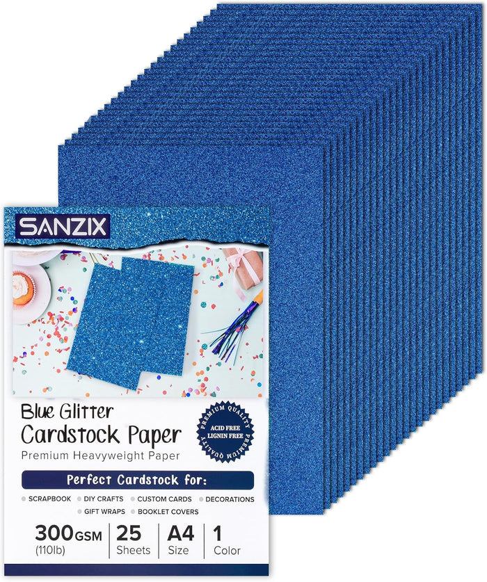 SANZIX 25 Sheets Blue Glitter Cardstock Paper- 8.2"x11.7", 110lb 300 GSM, Heavyweight Sparkling Glitter Paper Blue for Cricut, Scrapbook, DIY Crafts, Christmas, Gift Wraps, Wedding & Party Decorations
