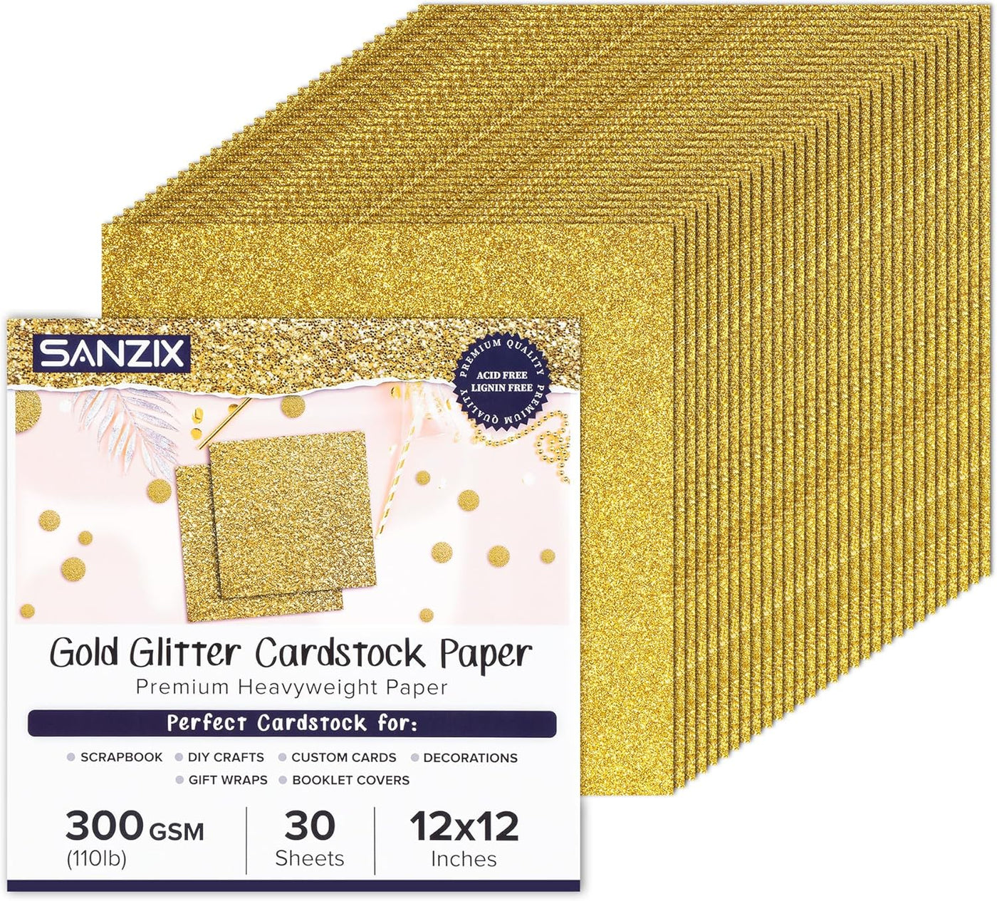 SANZIX 30 Sheets Gold Glitter Cardstock Paper 12x12" 110lb 300 GSM-Premium Gitter Sparkle Paper for Cricut, Christmas Cards, Scrapbook, DIY Crafts, Custom Cards, Decor & Gifts