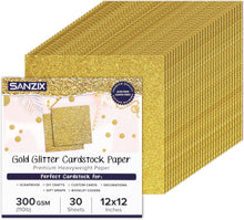 SANZIX 30 Sheets Gold Glitter Cardstock Paper 12x12" 110lb 300 GSM-Premium Gitter Sparkle Paper for Cricut, Christmas Cards, Scrapbook, DIY Crafts, Custom Cards, Decor & Gifts