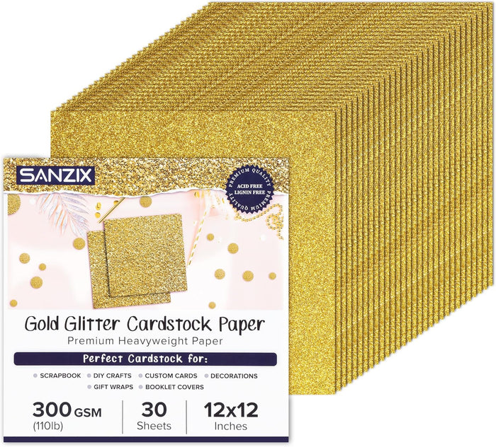 SANZIX 30 Sheets Gold Glitter Cardstock Paper 12x12" 110lb 300 GSM-Premium Gitter Sparkle Paper for Cricut, Christmas Cards, Scrapbook, DIY Crafts, Custom Cards, Decor & Gifts