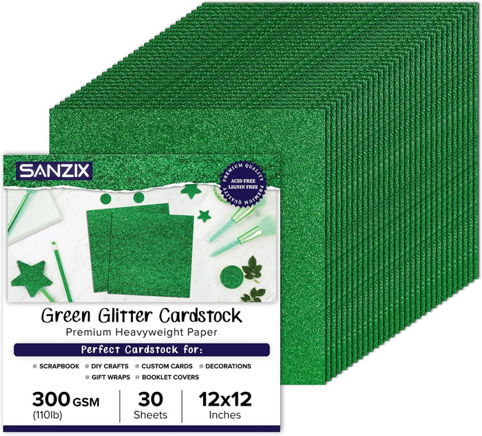 SANZIX 30 Sheets Green Glitter Cardstock Paper 12x12" 110lb 300 GSM Glitter Paper for Cricut, Christmas Cards, Scrapbook, DIY Crafts, Decor, and Custom Cards | Ideal for Gift Wraps & Booklet Covers