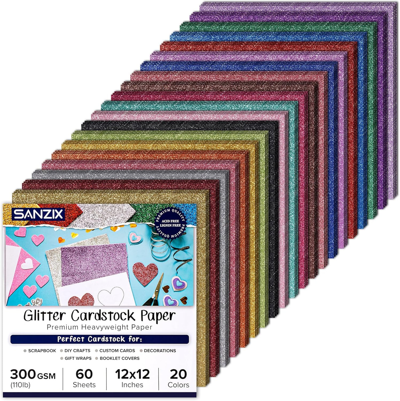 SANZIX Glitter Cardstock 12x12" - 60 Sheets, 20 Colors, 110lb, 300 GSM | Heavyweight Glitter Paper Cardstock for Cricut, Halloween, Christmas Cards, Scrapbook, DIY, Decor & Cards | Sparkly Paper