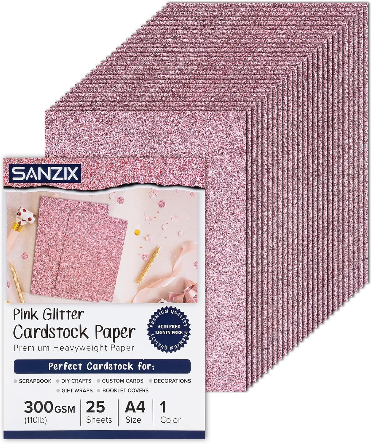 SANZIX 25 Sheets Pink Glitter Cardstock Paper- 8.2"x11.7", 110lb 300 GSM, Heavyweight Sparkling Pink Glitter Paper | Card stock for Cricut, Scrapbook, Cards, Christmas, Gift Wraps & DIY Crafts.
