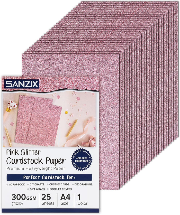 SANZIX 25 Sheets Pink Glitter Cardstock Paper- 8.2"x11.7", 110lb 300 GSM, Heavyweight Sparkling Pink Glitter Paper | Card stock for Cricut, Scrapbook, Cards, Christmas, Gift Wraps & DIY Crafts.