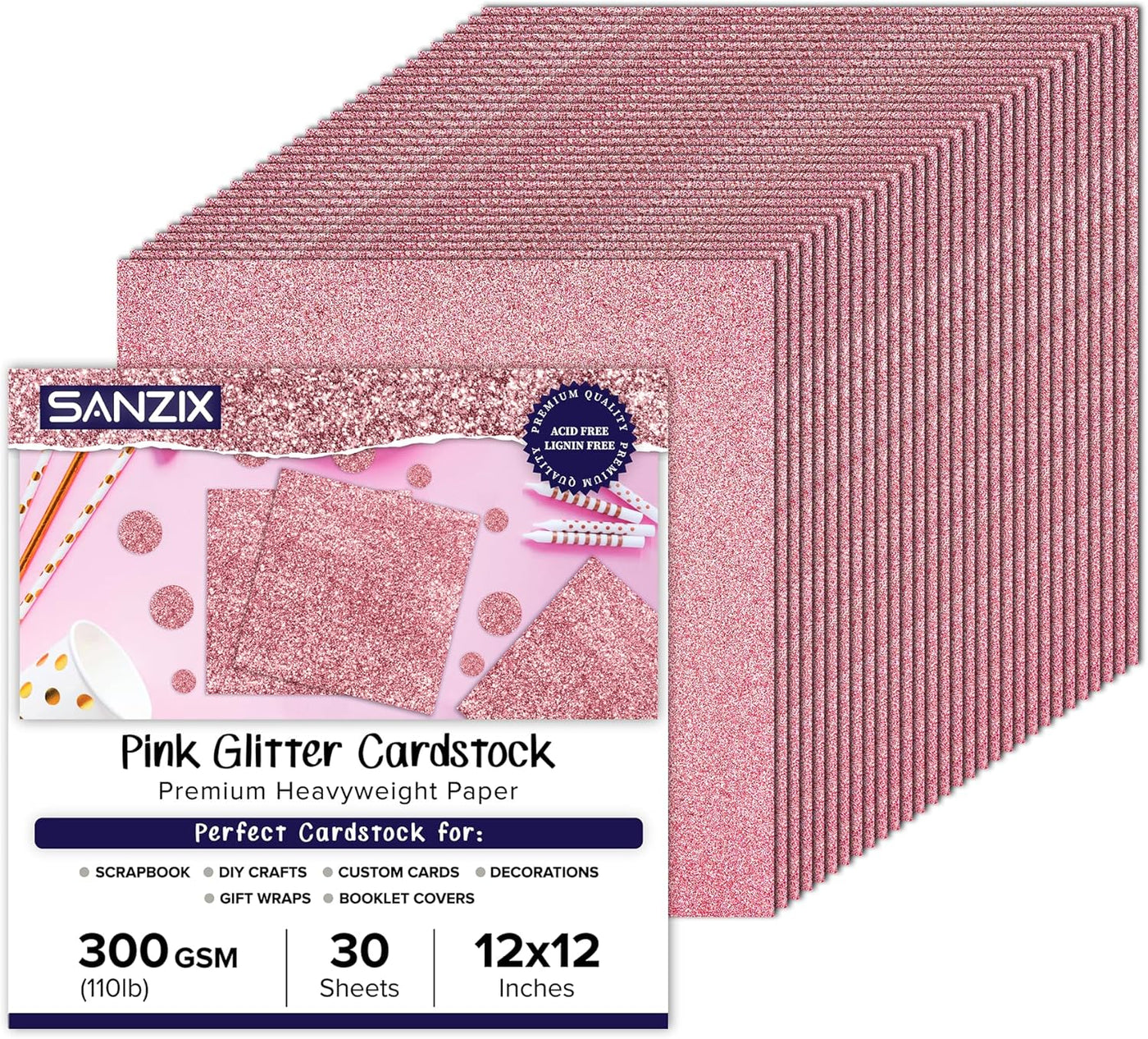 SANZIX 30 Sheets Pink Glitter Cardstock Paper 12x12" 110lb 300 GSM for Valentine's Day Cricut, Christmas Cards, Scrapbook, DIY Crafts, Decor, Custom Gifts & Cards | Premium Sparkle Paper for Crafting