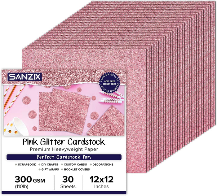 SANZIX 30 Sheets Pink Glitter Cardstock Paper 12x12" 110lb 300 GSM for Valentine's Day Cricut, Christmas Cards, Scrapbook, DIY Crafts, Decor, Custom Gifts & Cards | Premium Sparkle Paper for Crafting