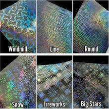 SANZIX 36 Sheets Transparent Holographic Sticker Paper - A4 Waterproof Holographic Laminate Sheets, Self Adhesive Holographic Vinyl Sticker Paper (Line, Round, Windmill, Fireworks, Snow, Stars)