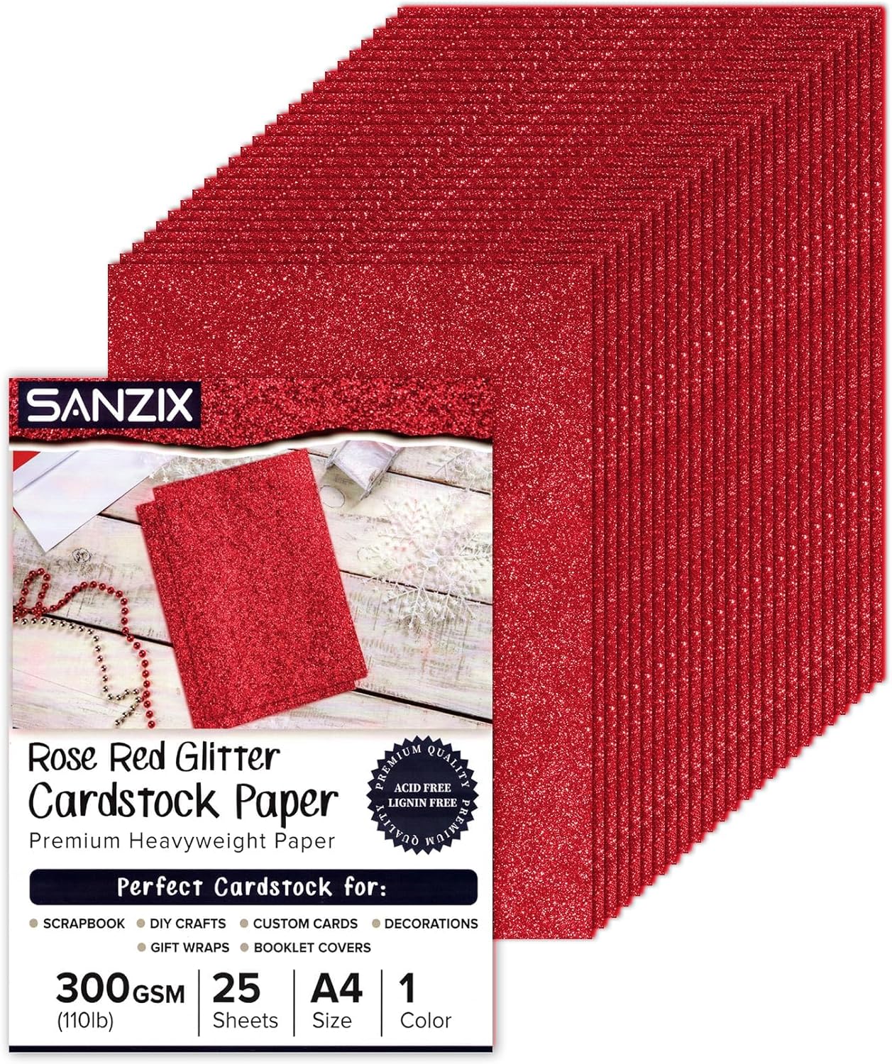 SANZIX 25 Sheets Red Glitter Cardstock Paper- 8.2"x11.7", 110lb 300 GSM, A4 Heavyweight Sparkle Glitter Paper | Red Card Stock Perfect for Cricut, Scrapbook, DIY Crafts, Christmas & Cards