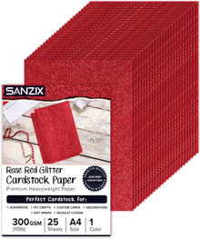 SANZIX 25 Sheets Red Glitter Cardstock Paper- 8.2"x11.7", 110lb 300 GSM, A4 Heavyweight Sparkle Glitter Paper | Red Card Stock Perfect for Cricut, Scrapbook, DIY Crafts, Christmas & Cards