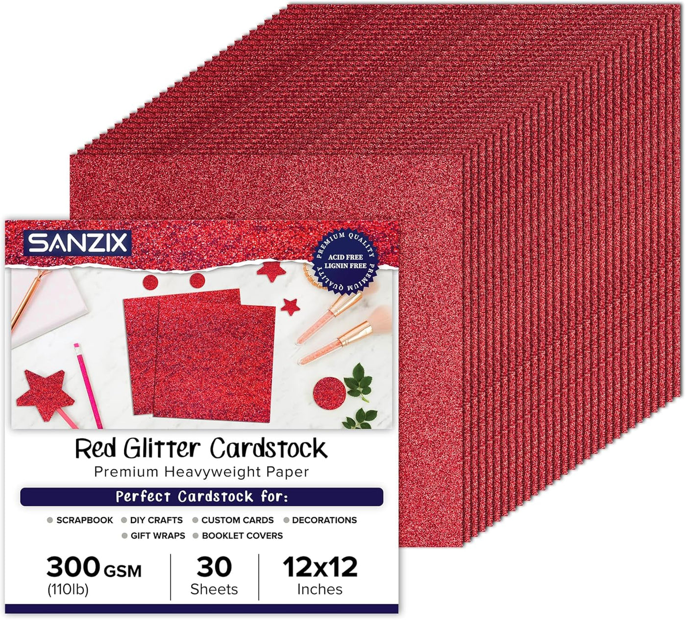 SANZIX Red Glitter Cardstock Paper 12x12"-30 Sheets, 110lb 300 GSM for Cricut, Christmas Cards, Scrapbook, DIY Crafts, Decor Gift Wraps & Custom Cards | Premium Sparkle Paper for Valentine's Day