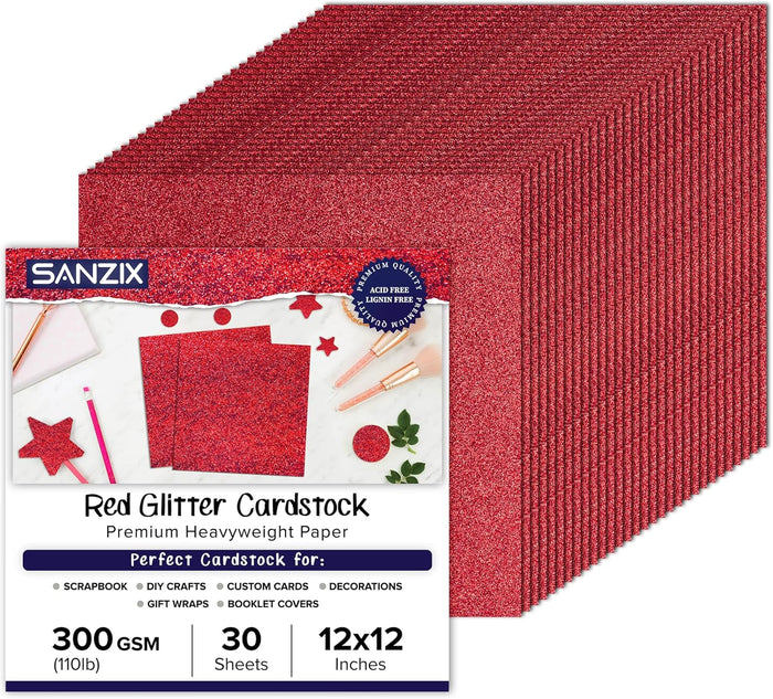 SANZIX Red Glitter Cardstock Paper 12x12"-30 Sheets, 110lb 300 GSM for Cricut, Christmas Cards, Scrapbook, DIY Crafts, Decor Gift Wraps & Custom Cards | Premium Sparkle Paper for Valentine's Day