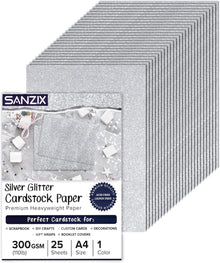 SANZIX 25 Sheets Silver Glitter Cardstock Paper- 8.2"x11.7", 110lb 300 GSM, Heavyweight Shiny Silver Glitter Paper Cardstock for Cricut, Scrapbook, DIY Crafts, Christmas, Gift Wraps, Cards