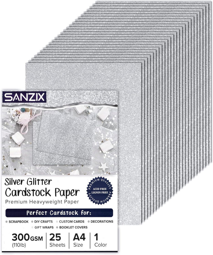 SANZIX 25 Sheets Silver Glitter Cardstock Paper- 8.2"x11.7", 110lb 300 GSM, Heavyweight Shiny Silver Glitter Paper Cardstock for Cricut, Scrapbook, DIY Crafts, Christmas, Gift Wraps, Cards