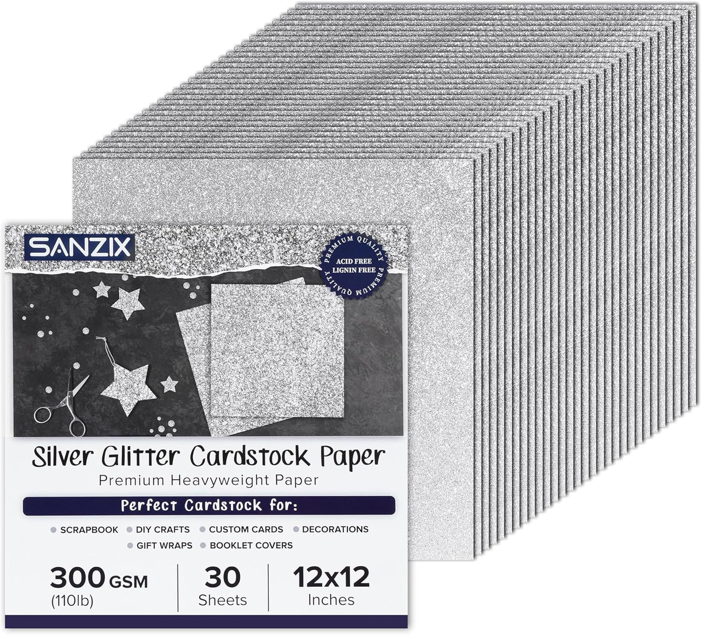 SANZIX 30 Sheets Silver Glitter Cardstock Paper 12x12", 110lb 300 GSM | Premium Glitter Sparkle Paper for Cricut, Christmas Cards, Scrapbook, DIY Crafts, Decor, Crafts, Gifts & Custom Cards