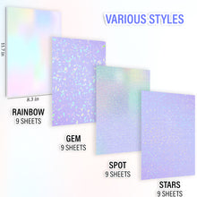 SANZIX 36 Sheets Holographic Sticker Paper - Transparent Self Adhesive Vinyl Laminate Film for Stickers, Cricut Crafts, Scrapbooking, Waterproof, A4 (Colorful, Gem, Dot, Star Patterns)